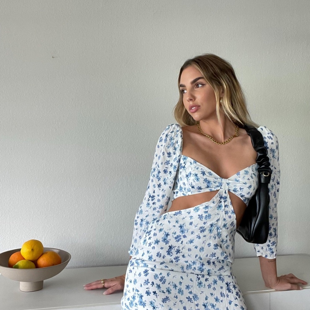 Sky to Moon: Floral Blue and White Cutout Dress